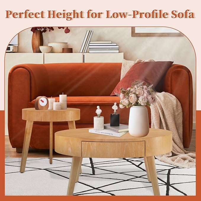 Round Wood Coffee Table for Living Room, Modern Farmhouse with Drawer, Solid Boho Circle Table with 4.5” Thick Tabletop, 31.5" L x 31.5" W x 15.87" H