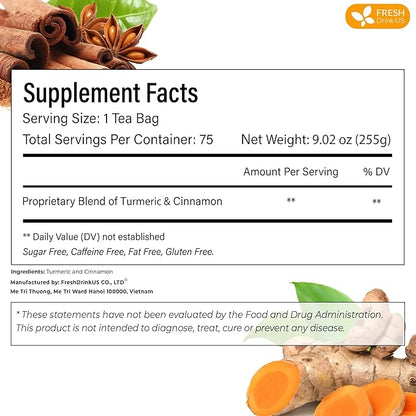 FreshDrinkUS, Premium 75 Turmeric Cinnamon Tea Bags, 100% Natural, Blend of Turmeric, and Cinnamon. Made with Natural Material Tea Bags. No Sugar. No Caffeine. Vegan.
