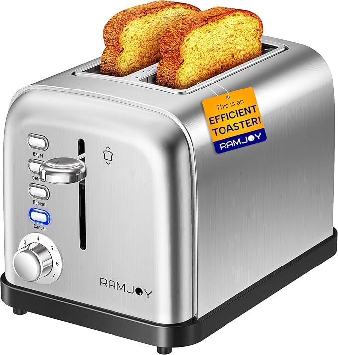Toaster 2 Slice, Extra Wide Slot Toaster for Bagels, Bread, Waffles, 7 Shade Settings, 4 Main Functions, Removable Crumb Tray, 900 Watts Toasters, Brushed Stainless Steel