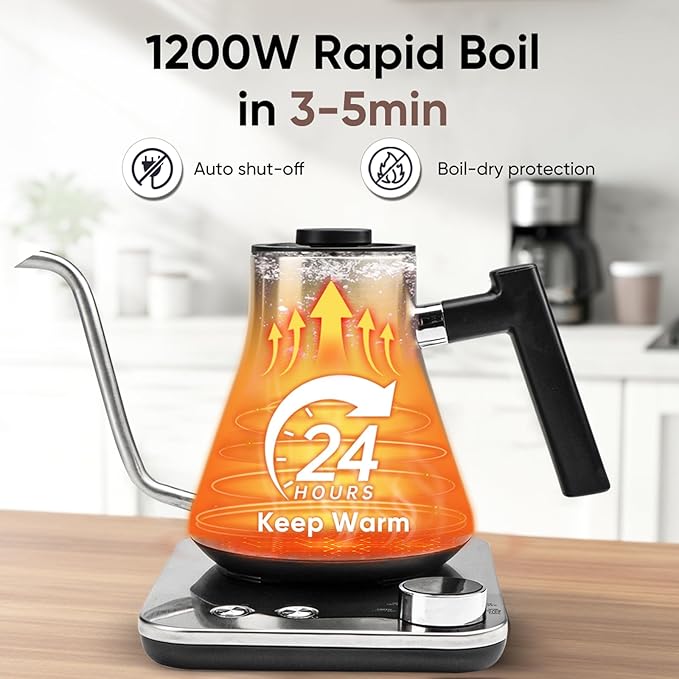 COZII Gooseneck Electric Kettle with ±1°F Temperature Control, 1200W Quick Heating for Pour Over Coffee & Tea, 0.9L Water Boiler with 24H Keep Warm & Auto Shut Off, Stainless Steel Interior, Silver