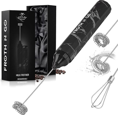 Zulay Kitchen Rechargeable Milk Frother Froth N Go Frother Wand With Case & USB-C Charger - Comes With 3 Whisk Attachments for Latte, Cappuccino, Matcha, Protein Shakes - Black Marble