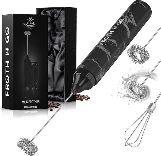 Zulay Kitchen Rechargeable Milk Frother Froth N Go Frother Wand With Case & USB-C Charger - Comes With 3 Whisk Attachments for Latte, Cappuccino, Matcha, Protein Shakes - Black Marble