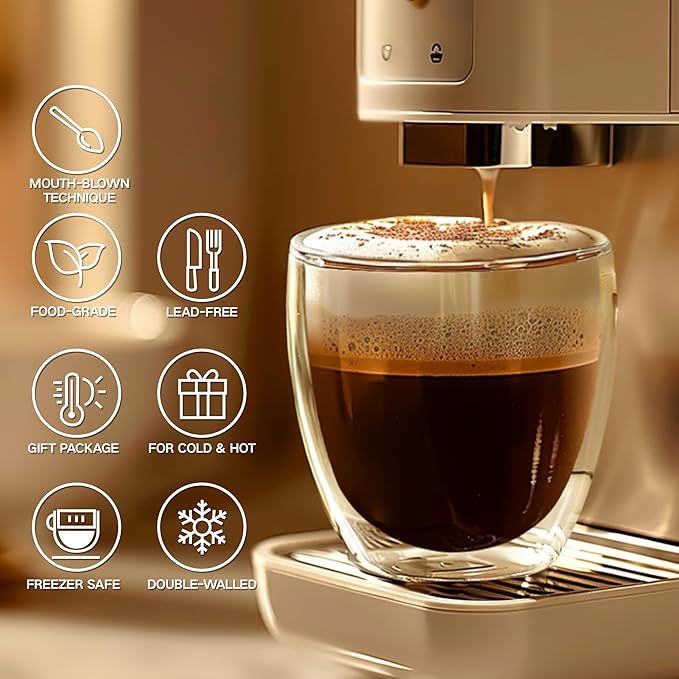 8 Ounces Set of 4 Double Walled Glass Coffee Mugs Insulated Layer Coffee Cups Borosilicate Glass Espresso Double Insulated Clear Glass Coffee Mug for Hot Beverages