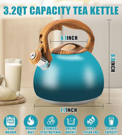 Tea Kettle, Stainless Steel Whistling Tea Kettle,3.2Qt Tea Pot for Stove with Cool Handle,Strong and Durable (Dark Green Gradient)