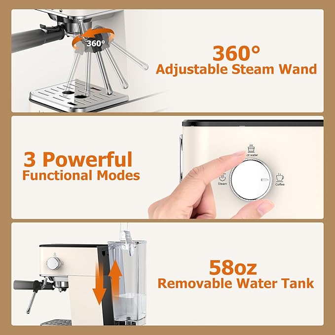 Spacekey Espresso Machine 20 Bar, Espresso Maker with Milk Frother Steam Wand, Stainless Steel Espresso Coffee Machines for Home, Cappuccino, Latte Maker with 58oz Removable Water Tank, White