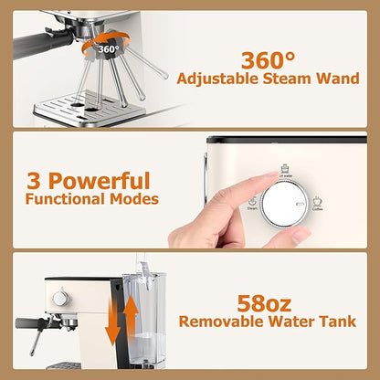 Spacekey Espresso Machine 20 Bar, Espresso Maker with Milk Frother Steam Wand, Stainless Steel Espresso Coffee Machines for Home, Cappuccino, Latte Maker with 58oz Removable Water Tank, White