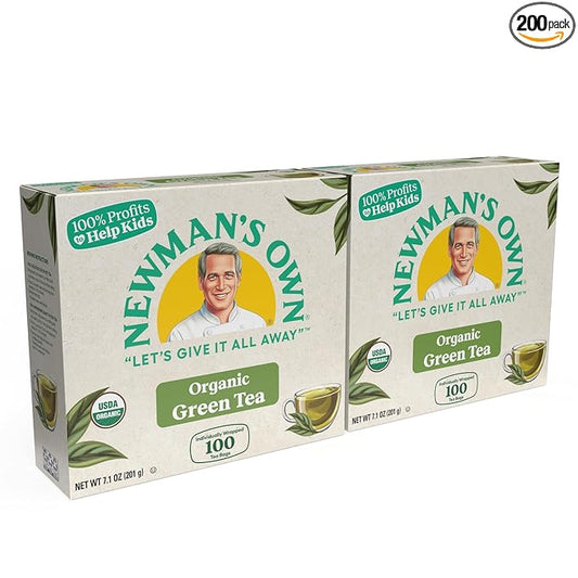 Newman's Own Organic Green Tea with 100 Individually Wrapped Tea Bags Per Box (Pack of 2) USDA Certified Contains Caffeine Brew Hot