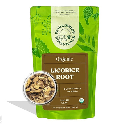 Worldwide Botanicals Organic Licorice Root – 1 lb – 100% Glycyrrhiza glabra –Palo Dulce, Regaliz – Cut & Sift, Naturally Sweet and Soothing, Harmonizing Tea – 16 ounces