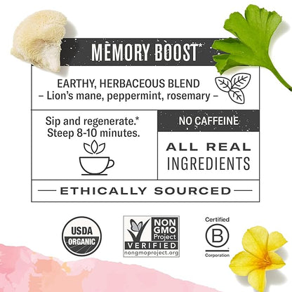 Numi Organic Damiana Focus Herbal Tea, 48 Tea Bags, Caffeine‑Free Blend with Damiana Ginkgo Lion’s Mane Hibiscus Mint Licorice & Marshmallow for Mental Clarity and Energy