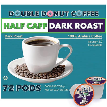Double Donut Half Caff Dark Roast Coffee Pods, Dark Roast Coffee, Compatible with Keurig K Cups Brewers 72 ct