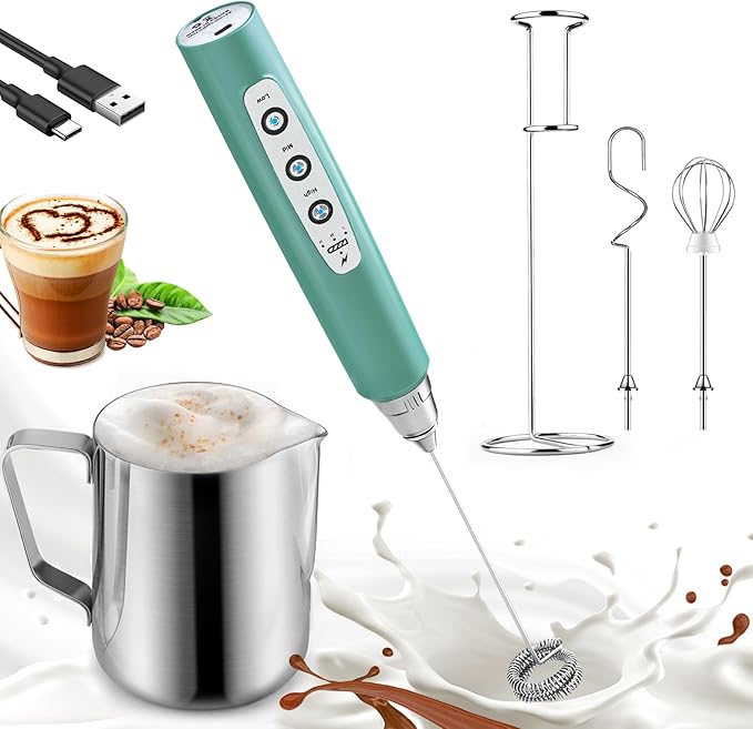 Nahida Handheld Milk Frother Wand with Stand & 14oz Milk Frothing Pitcher Milk Coffee Cappuccino Latte Art - Green