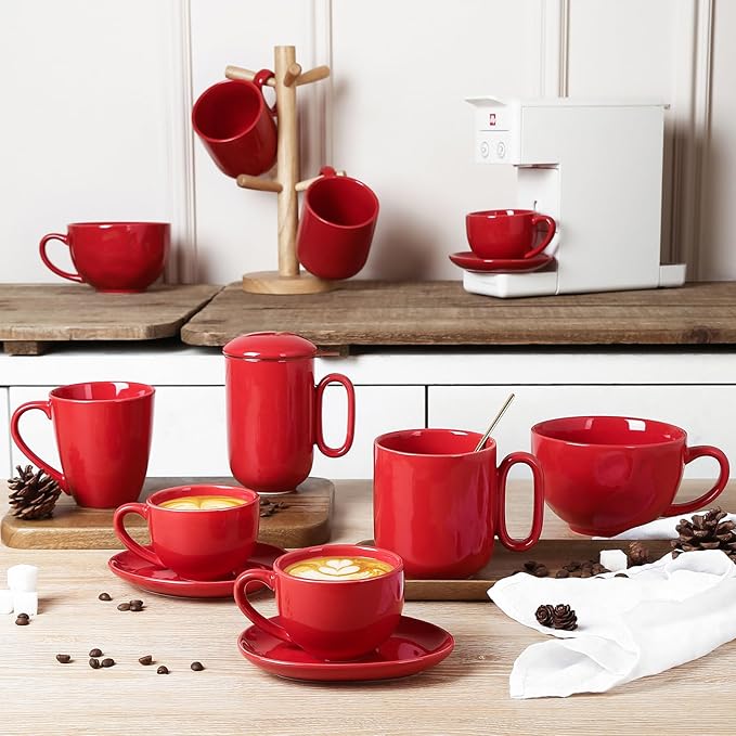 vicrays 6.5 oz Cappuccino Cups with Saucers, Set of 4, Ceramic Coffee Cup for Au Lait, Double shot, Latte, Cafe Mocha, Tea (Red)