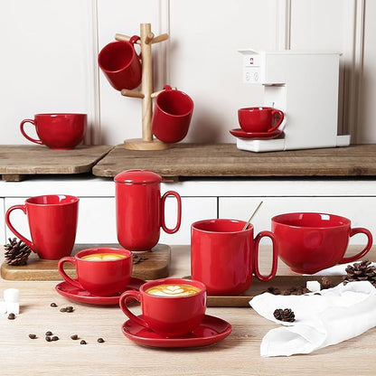 vicrays 6.5 oz Cappuccino Cups with Saucers, Set of 4, Ceramic Coffee Cup for Au Lait, Double shot, Latte, Cafe Mocha, Tea (Red)