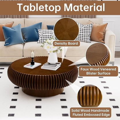 Round Coffee Table 31.4" Modern Brown Fluted Coffee Table Low Walnut Round Drum Pedestal Coffee Tables for Living Room Farmhouse (Walnut 31.4in)