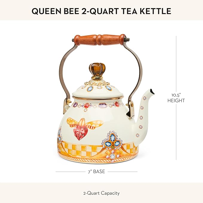 MACKENZIE-CHILDS 2-Quart Enamel Tea Kettle, Cute Tea Kettle for Stovetop, Queen Bee