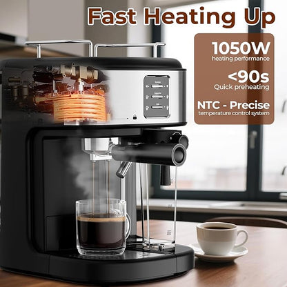 20 Bar Compact Espresso Machine with Milk Frother, 3-in-1 Stainless Steel Coffee Machine with 57oz Removable Water Tank for Home, Office