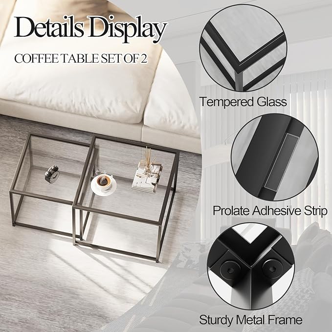 Glass Nesting Coffee Table Set of 2, Modern Minimalist Center Tables, Living Room Coffee Tables for Home, Office, Bedroom, Small Spaces, Space-Saving, Black