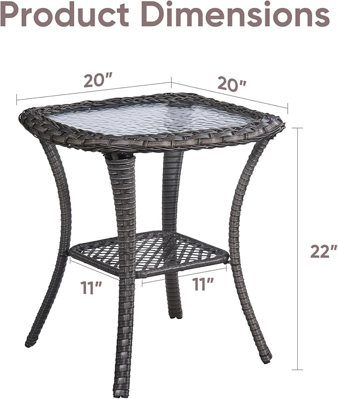 Patio Wicker Side Table, Outdoor PE Rattan End Table with 5mm Tempered Glass Top and 2-Tier Storage Shelf, 20" Square Coffee Table for Deck Porch Garden Backyard-Dark Brown