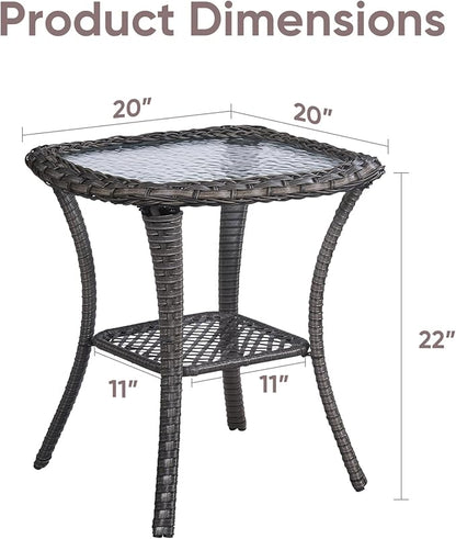Patio Wicker Side Table, Outdoor PE Rattan End Table with 5mm Tempered Glass Top and 2-Tier Storage Shelf, 20" Square Coffee Table for Deck Porch Garden Backyard-Dark Brown