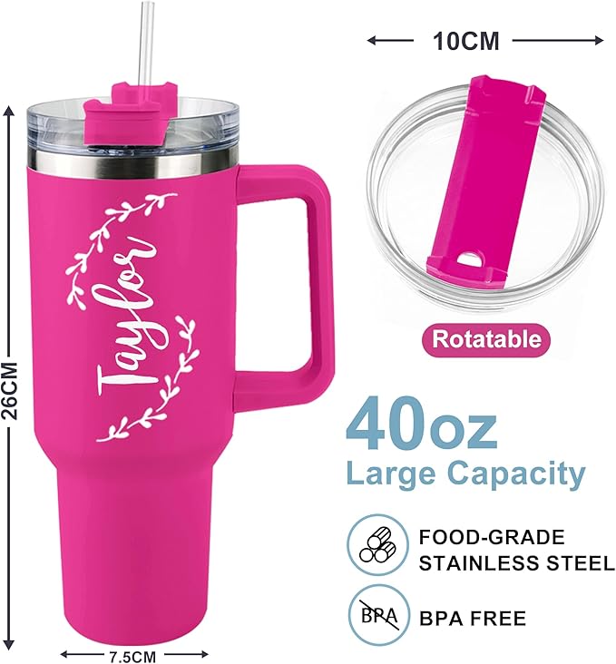 ThermoThrill Ships Next Day, Personalized 40 Oz Tumbler with Handle and Straw Custom Tumbler with Text Stainless Steel Mug Birthday Gifts for Women