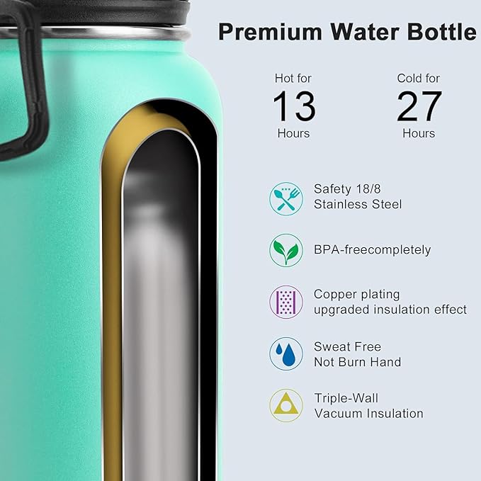 koodee Insulated Water Bottle, 32 oz Stainless Steel Double Wall Vacuum Wide Mouth Sport Bottle with Leakproof Spout Lid (Teal)