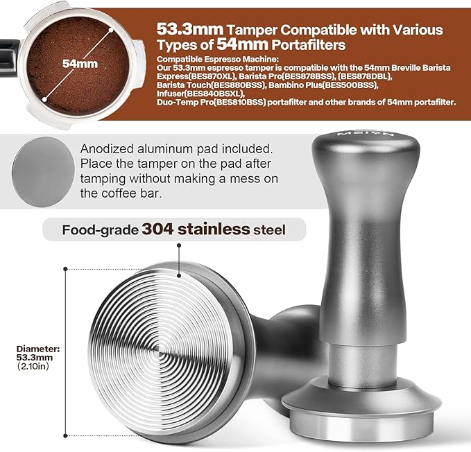 MEION Espresso Tamper 53.3mm Coffee Tamper, Calibrated Dual Spring Loaded Barista Tamper with Stainless Steel Base, Comes with aluminum storage pad (53.3MM, Silver)