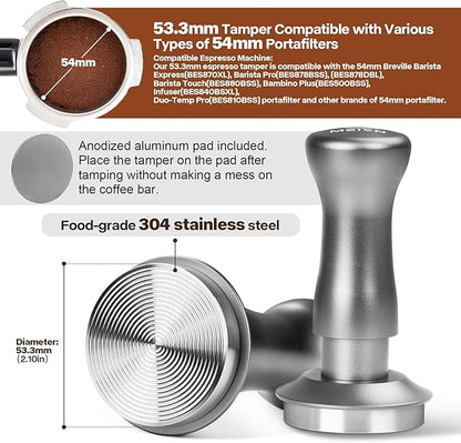 MEION Espresso Tamper 53.3mm Coffee Tamper, Calibrated Dual Spring Loaded Barista Tamper with Stainless Steel Base, Comes with aluminum storage pad (53.3MM, Silver)