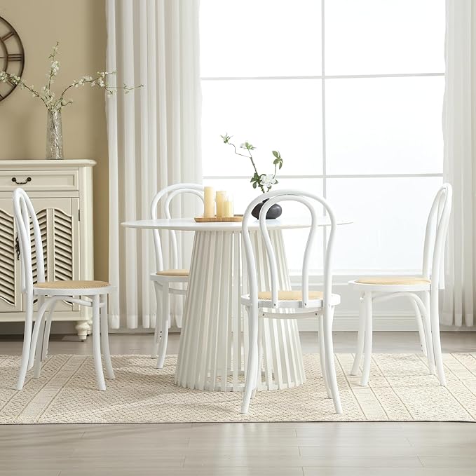 Kmax Vintage Dining Chairs Set of 4, Thonet Soild Wood Rattan Kitchen Chairs Armless French Country Dining Chairs for Wedding Hotel Dessert Shop Cafe, White
