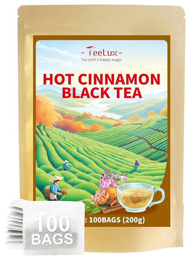 TeeLux Hot Cinnamon Black Tea, Black Tea with Cinnamon, Clove, Smooth & Spicy & Sweet Flavor, Caffeine-Free, 100 Count