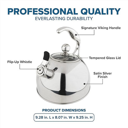 Viking 3-Ply Stainless Steel Tea Kettle, 2.6 Quart Stovetop Hot Water Pot with Tempered Glass Lid, Ergonomic Handle, Induction Ready, Satin Silver