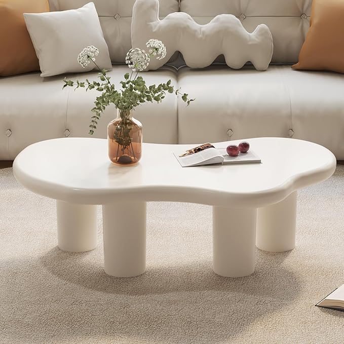 Cloud Coffee Table, Irregular Cream White Coffee Table with 4 Legs, Modern Center Table for Living Room, Indoor Tea Table, Easy Assembly