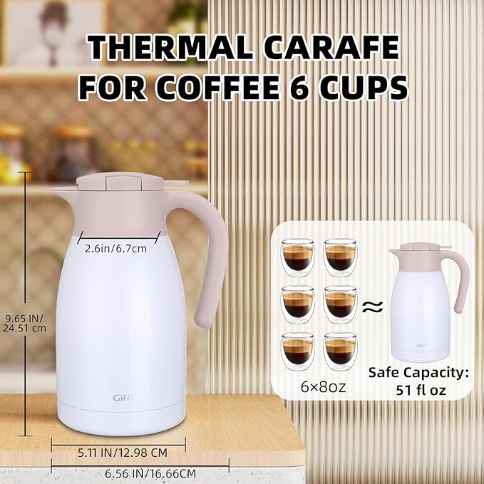 GiNT 50.7 Ounces Stainless Steel Thermal Coffee Carafe with Lid/Double Walled Vacuum Thermal Carafe / 12 Hour Heat Retention (White, 1.5L)