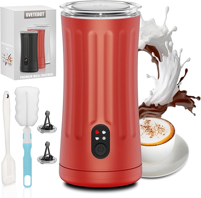 Milk Frother, 4-in-1 Electric Milk Frother and Steamer, Automatic Hot and Cold Foam Maker and Milk Warmer for Coffee, Latte, Cappuccino, Macchiato, Hot Chocolate(Cardinal Red)