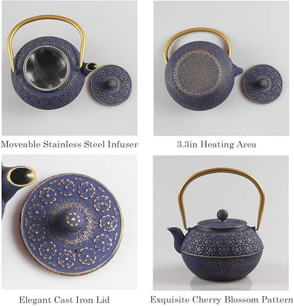 Teapot Cast Iron Tea Kettle for Stovetop Safe Coated with Enameled Interior,Japanese Cast Iron Teapot with Stainless Steel Infuser for Loose Tea(33.8oz)