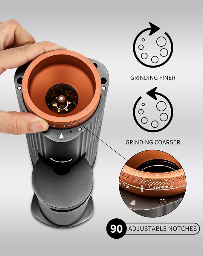 Electric Burr Coffee Grinder, Professional Espresso Grinder, Quiet, Compact, 65g Single Dose, 90 Settings, Easy to Use & Clean, Stainless-steel Burrs, Great Flavor in Pour Over, French Press