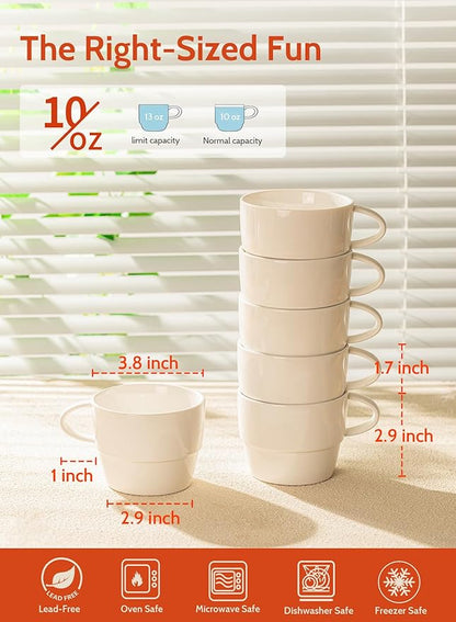 Sweese 6-Pack Porcelain Latte Cups - Stackable 10 Ounce Coffee Mugs for Cappuccino, Mocha, Tea - Space-Saving, Chip-Resistant - Dishwasher Friendly – Ideal for Home and Café, White