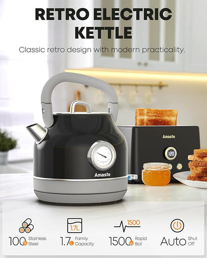 Amaste Electric Kettle, Retro Electric Tea Kettle With Thermometer, 57 Oz Hot Water Kettle For Coffee & Tea, 304 Stainless Steel, 1500w Fast Boiling, Auto Shut-Off & Boil Dry Protection, Black