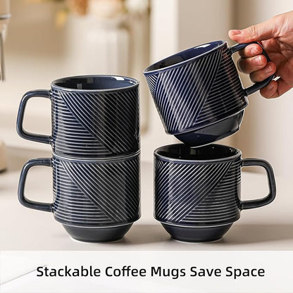 Stackable Coffee Mugs Set: 13 oz Ceramic Stacking Cups for Cappuccino Latte Tea - Microwave Safe Mug for Home & Office - 4 PCS, Navy