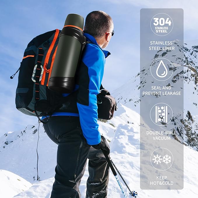 Large Thermosflask- 85oz Stainless Steel Insulated Bottle for Travel with BPA Free Cup - 2.5L Oversized Vacuum Insulated Thermoses with Handle and Strap for Hot & Cold Drinks(Green)