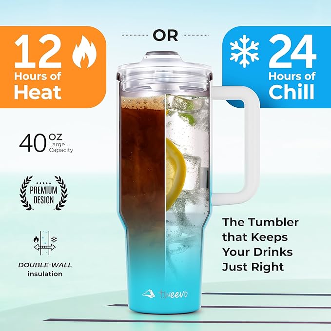 40 oz Tumbler With Handle and Straw Made of Stainless Steel - Double Wall Vacuum Insulated Tumbler With Lid - Sweat Proof Easy Grip, BPA-Free, Dishwasher Safe Tumbler (Blue & White)