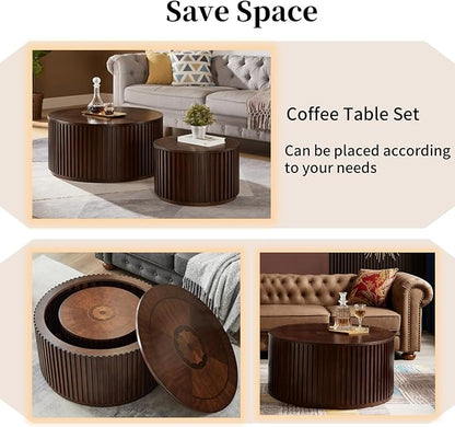 Round Coffee Table Set of 2, Nesting Coffee Tables with Removable Lid, Mid Century Modern Wooden End Table with Large Storage Space for Living Room
