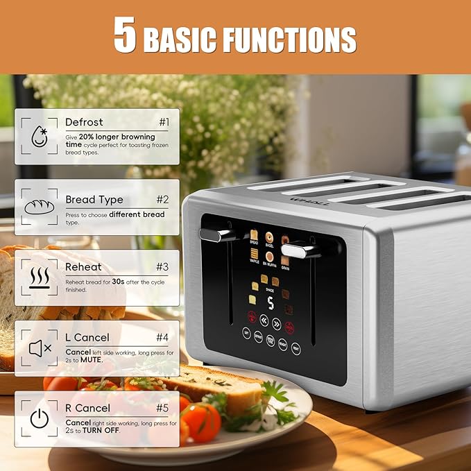 whall 4 Slice Touch Screen Toaster, Stainless Steel Toasters Digital Timer, Dual Control Panel Toasters，6 Shade Settings＆6 Bread Types, Smart Wide Slots, Bagel, Cancel, Defrost,Silver