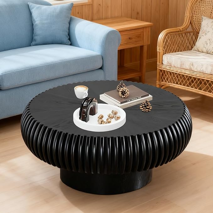Round Coffee Table 31.4" Modern Black Fluted Coffee Table Low Round Drum Pedestal Coffee Tables for Living Room Farmhouse (Black 31.4in)