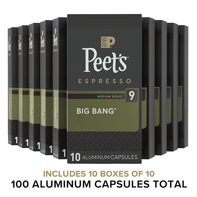 Peet's Coffee, Medium Roast Espresso Capsules, Compatible with Nespresso Original Machines - Big Bang, Intensity 9, 100 Count (10 Boxes of 10 Espresso Capsules)