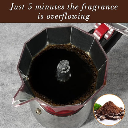 Stovetop Espresso Maker, 6Cup Moka Pot, Espresso Machine Compatible with Induction Cooktops, 300ml Stainless Steel & Aluminum Cuban Coffee Maker for Cafetera Cubana, Red