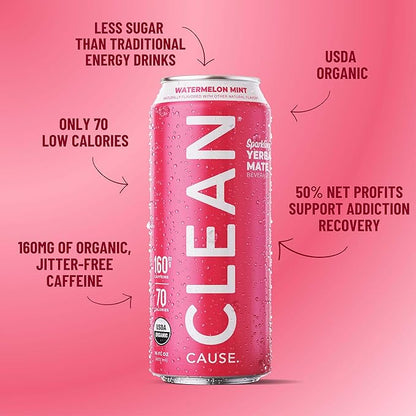 CLEAN Cause Low Calorie Watermelon Mint Sparkling Yerba Mate Tea, 160mg Caffeine, Organic, Low Sugar, Healthy Alternative to Energy Drinks (16oz cans, 12-Pack Case)