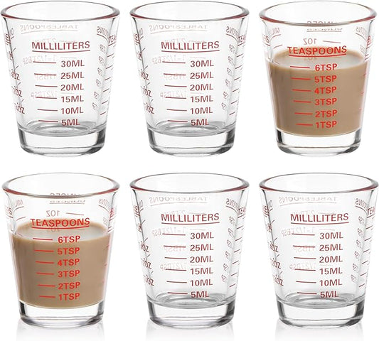 Shot Glasses Measuring Cup Set 6 Pack Espresso Shot Glasses Liquid Heavy Glass 26-Incremental Measurement 1 OZ,2 TBS,6 TSP,30 ML Kitchen Tools(Red)