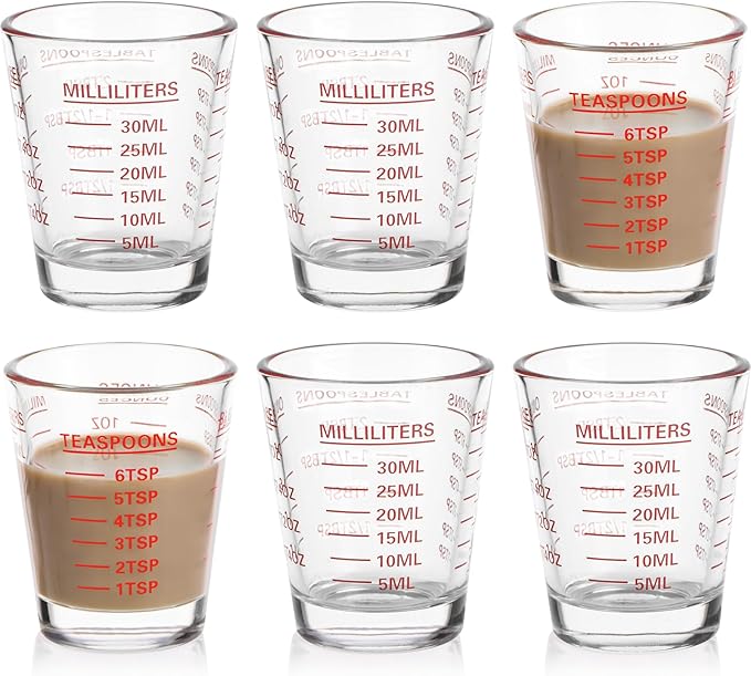 Shot Glasses Measuring Cup Set 6 Pack Espresso Shot Glasses Liquid Heavy Glass 26-Incremental Measurement 1 OZ,2 TBS,6 TSP,30 ML Kitchen Tools(Red)
