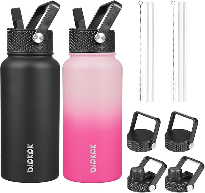 BJPKPK 2 Pack Insulated Water Bottles with Straw Lids, 27oz Stainless Steel Metal Water Bottle with 6 Lids, Leak Proof BPA Free Jugs, Cups, Flasks for Travel, Sports (Cherry+Black)