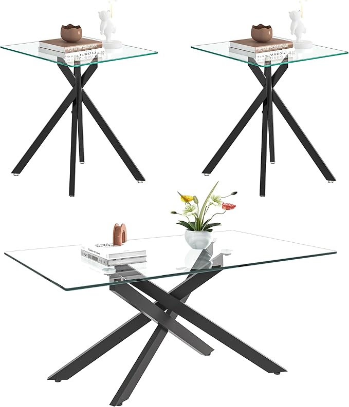Black Glass Coffee Table Set of 3 Modern End Table Living Room Side Table, Geometric Metal Legs 39.4 Inch Clear Rectangle Center Cocktail Tables, Black